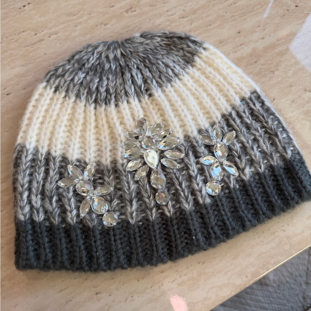 Charming Charlies Gray and Cream Knit Beanie with Crystal Embellishments